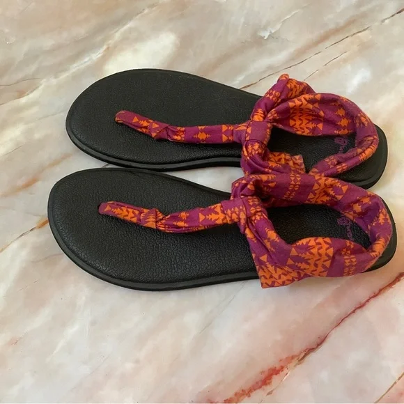 Sanuk Yoga Mat Sling Sandal Purple Orange Tribal Fabric Women’s size 9 Summer - Picture 2 of 7